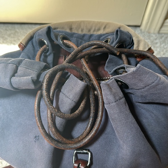 Polo Ralph Lauren RL Co Blue Canvas Brown Leather Backpack with Patches AS IS - Picture 12 of 16